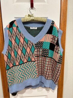 Kate Kasin Pastel Patchwork Knit Vest in Pink & Teal